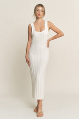 Ivory Wide Ribbed Sweater Knit Midi Dress