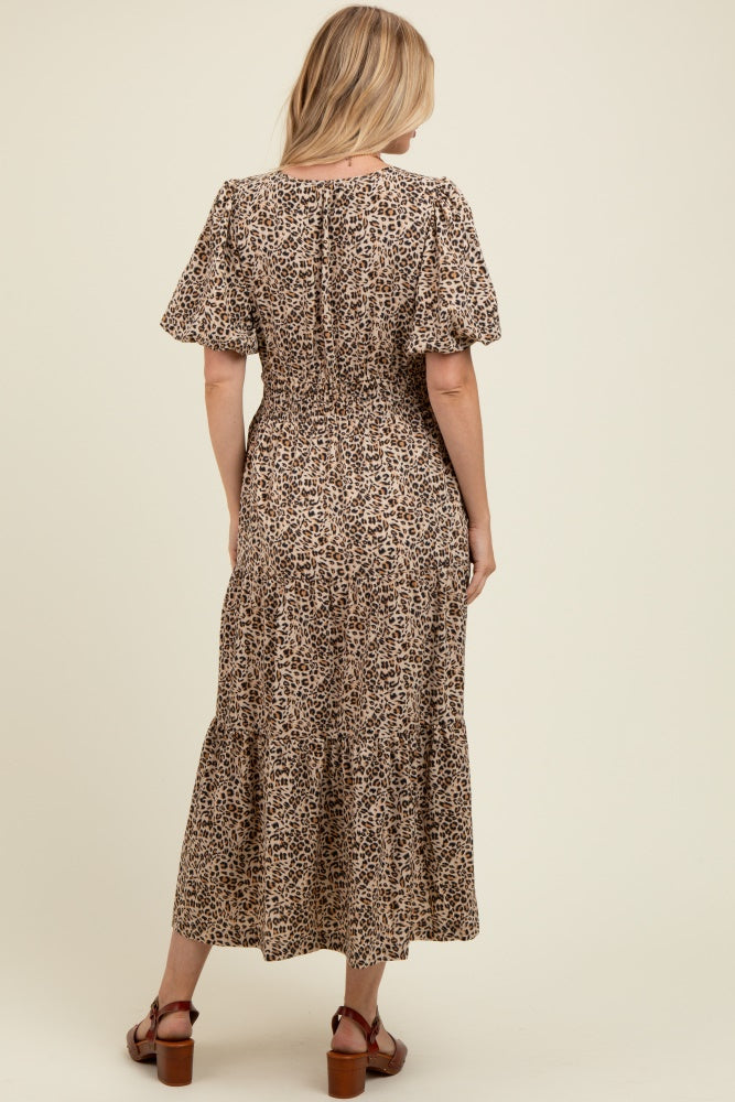 Brown Animal Print Tiered Maternity Midi Dress