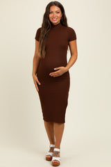 Brown Mock Neck Short Sleeve Maternity Dress