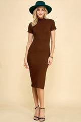 Brown Mock Neck Short Sleeve Dress
