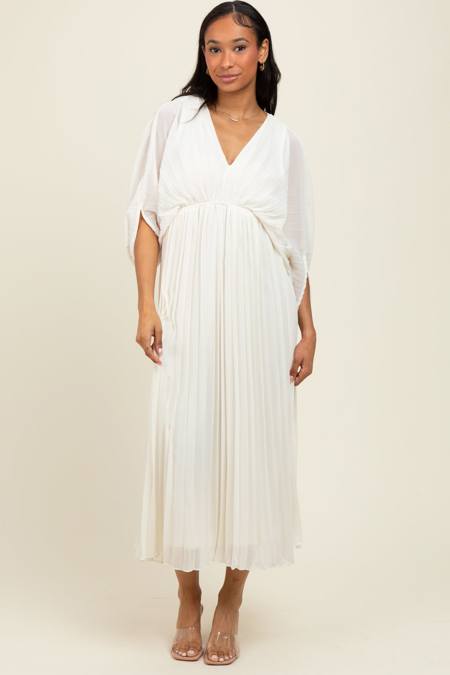Cream Pleated V Neck Maxi Dress