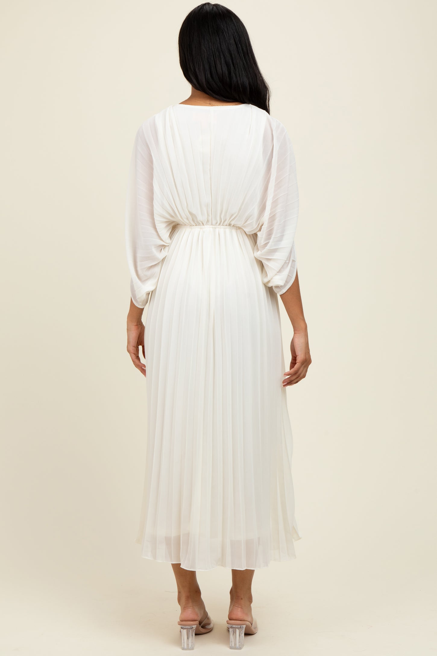Cream Pleated V Neck Maxi Dress