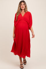 Red Pleated V Neck Maternity Maxi Dress