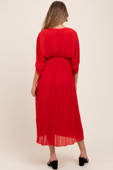 Red Pleated V Neck Maternity Maxi Dress