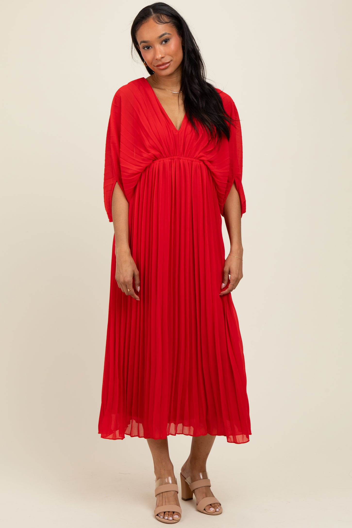 Red Pleated V Neck Maxi Dress