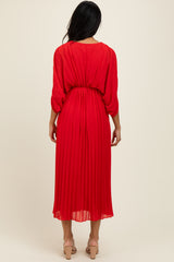 Red Pleated V Neck Maxi Dress