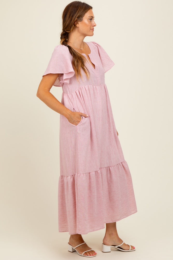 Pink/Silver Striped Short Sleeve V-Neck Tiered Midi Dress