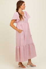Pink/Silver Striped Short Sleeve V-Neck Tiered Midi Dress