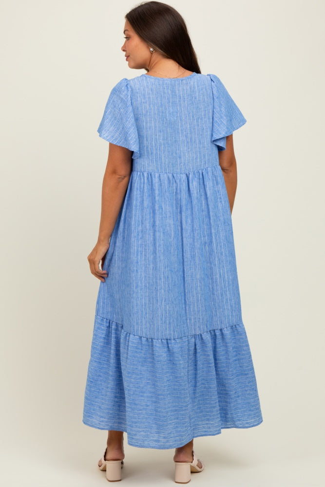 Blue/Silver Striped Short Sleeve V-Neck Tiered Maternity Midi Dress