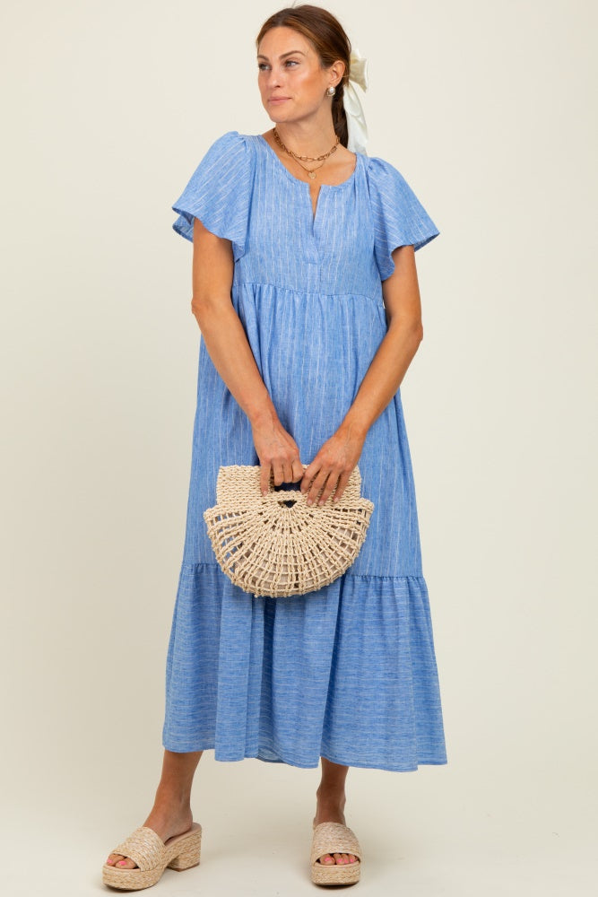 Blue/Silver Striped Short Sleeve V-Neck Tiered Midi Dress