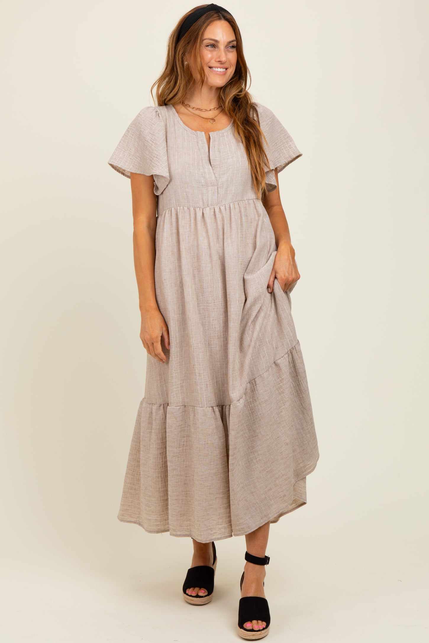 Mocha/Silver Striped Short Sleeve V-Neck Tiered Midi Dress