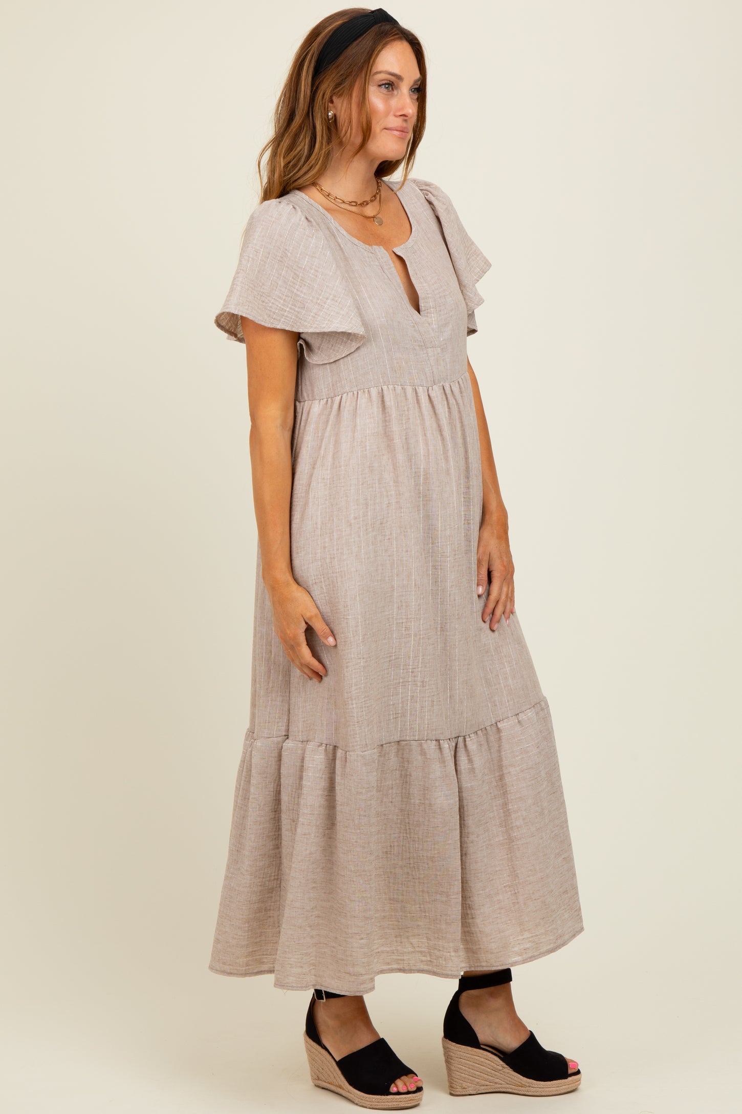 Mocha/Silver Striped Short Sleeve V-Neck Tiered Midi Dress
