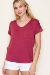 Burgundy V-Neck Front Pocket Maternity Short Sleeve T-Shirt