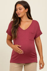 Burgundy V-Neck Front Pocket Maternity Short Sleeve T-Shirt