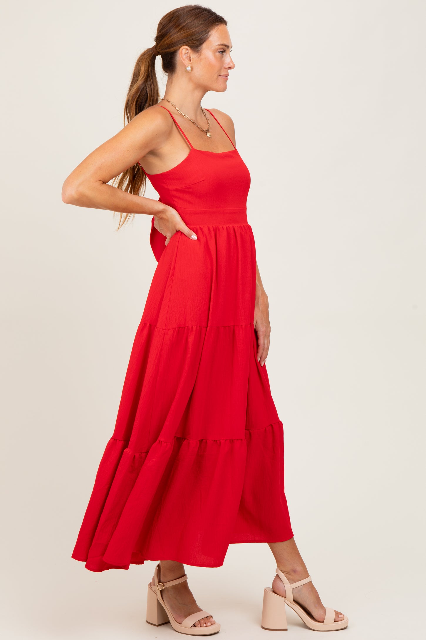 Red Tiered Cutout Tie Back Midi Dress