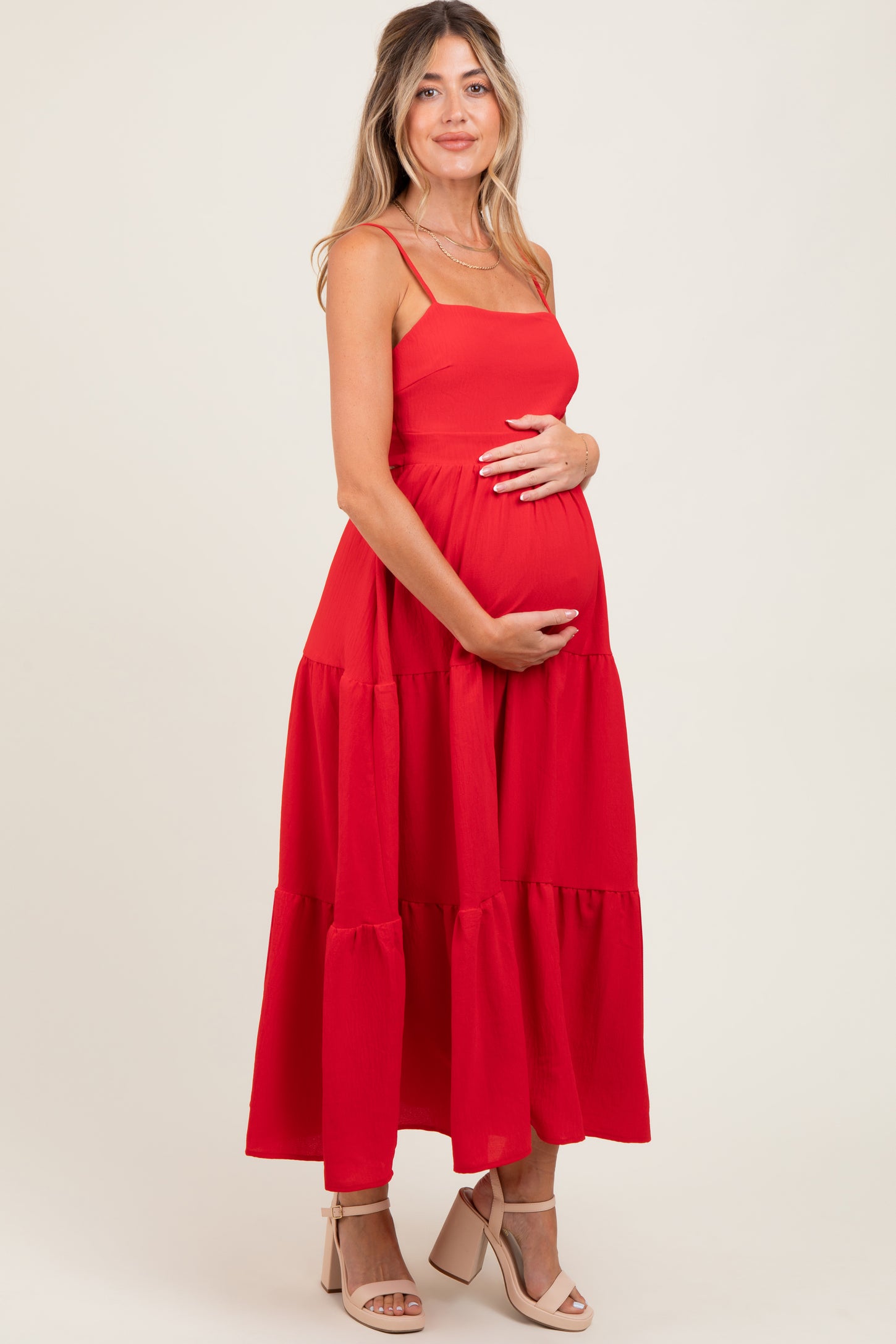 Red Tiered Cutout Tie Back Maternity Midi Dress