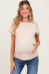 Beige Ribbed Relaxed Maternity Tee