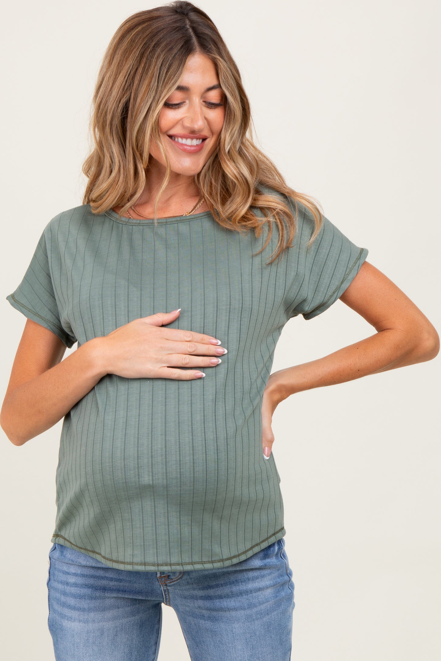 Olive Ribbed Relaxed Maternity Tee