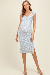 Blue Floral Ditsy Cap Sleeve Side Slit Maternity Midi Dress