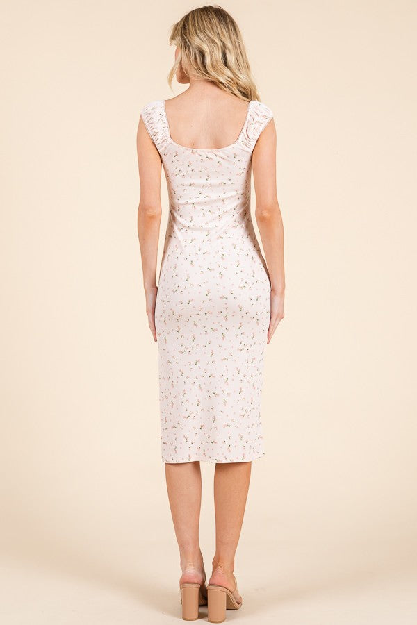 Pink Floral Ditsy Cap Sleeve Side Slit Midi Dress