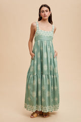 Mint Border Print Sleeveless Tiered Maternity Maxi Dress