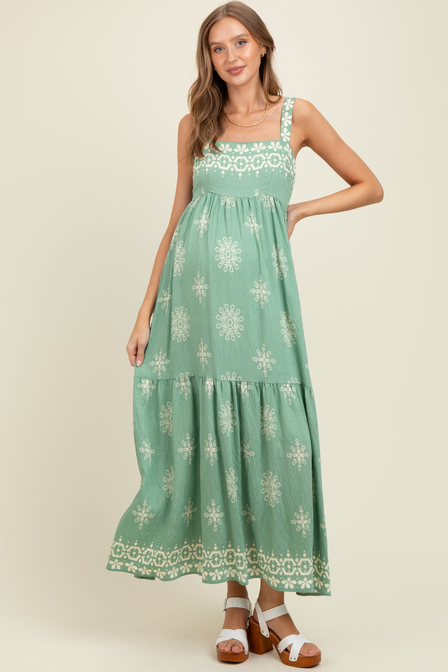 Mint Border Print Sleeveless Tiered Maternity Maxi Dress