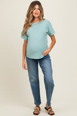 Light Olive Ribbed Knit Maternity Short Sleeve Top