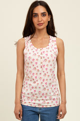 Cream Floral Ribbed Button Front Tank Top