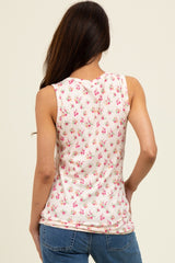 Cream Floral Ribbed Button Front Tank Top