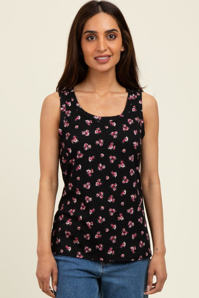 Black Floral Ribbed Tank Top