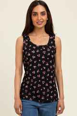 Black Floral Ribbed Tank Top