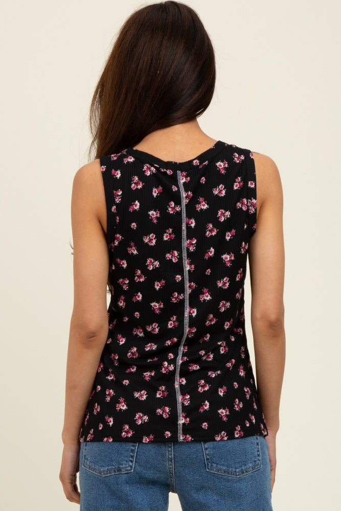 Black Floral Ribbed Tank Top