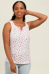 Ivory Floral Ribbed Split Neck Tank Top