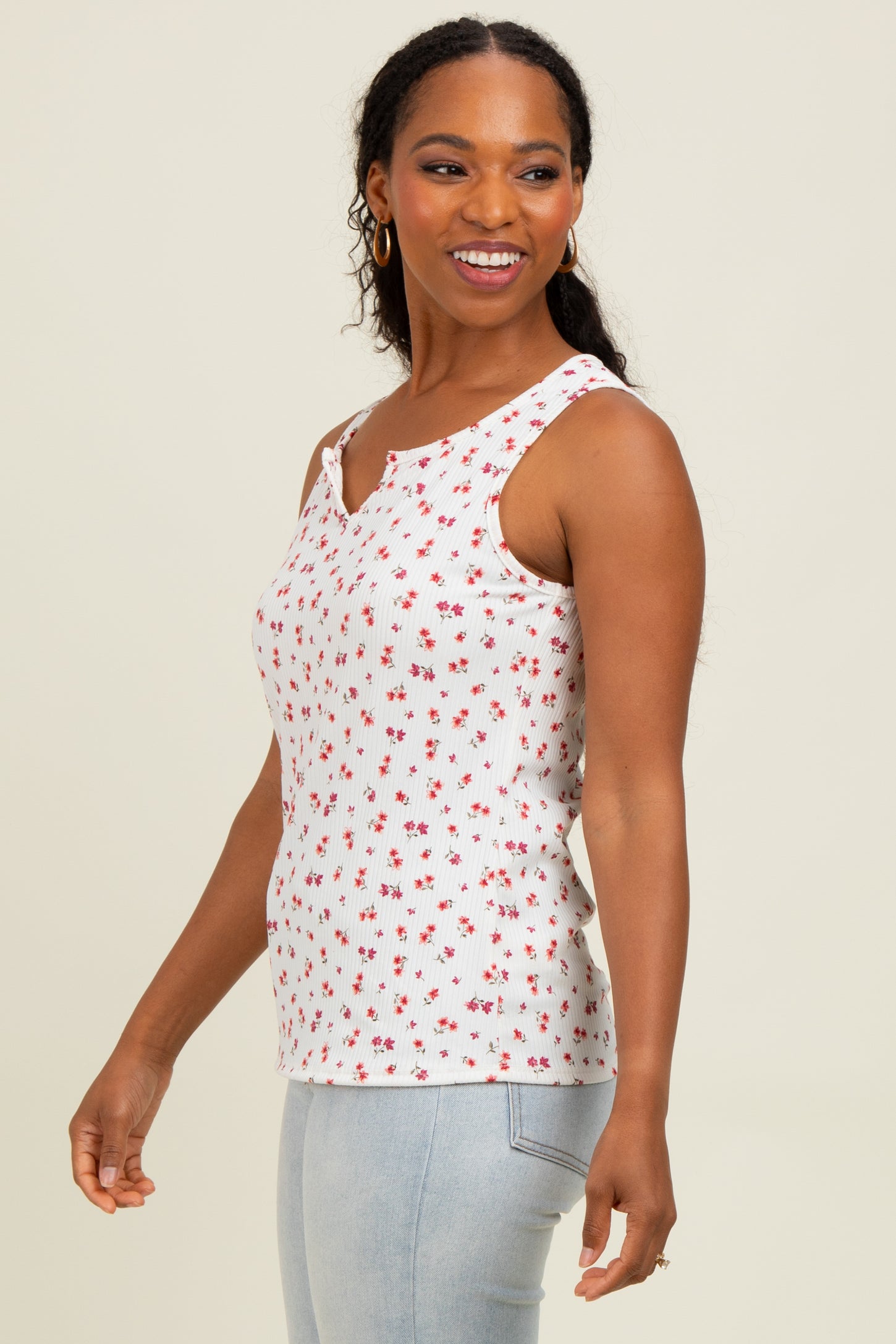 Ivory Floral Ribbed Split Neck Tank Top