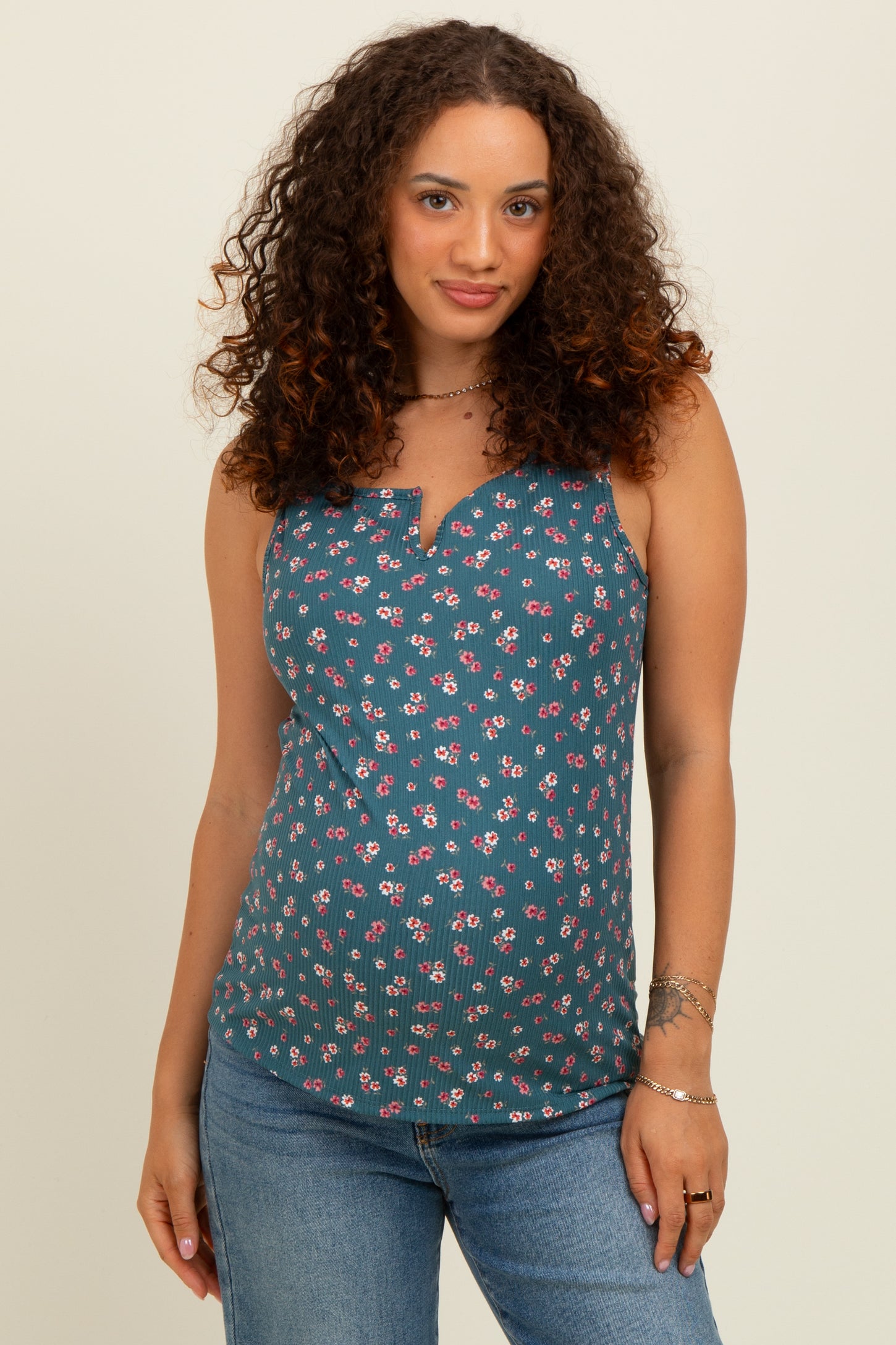 Teal Floral Ribbed Split Neck Maternity Tank Top