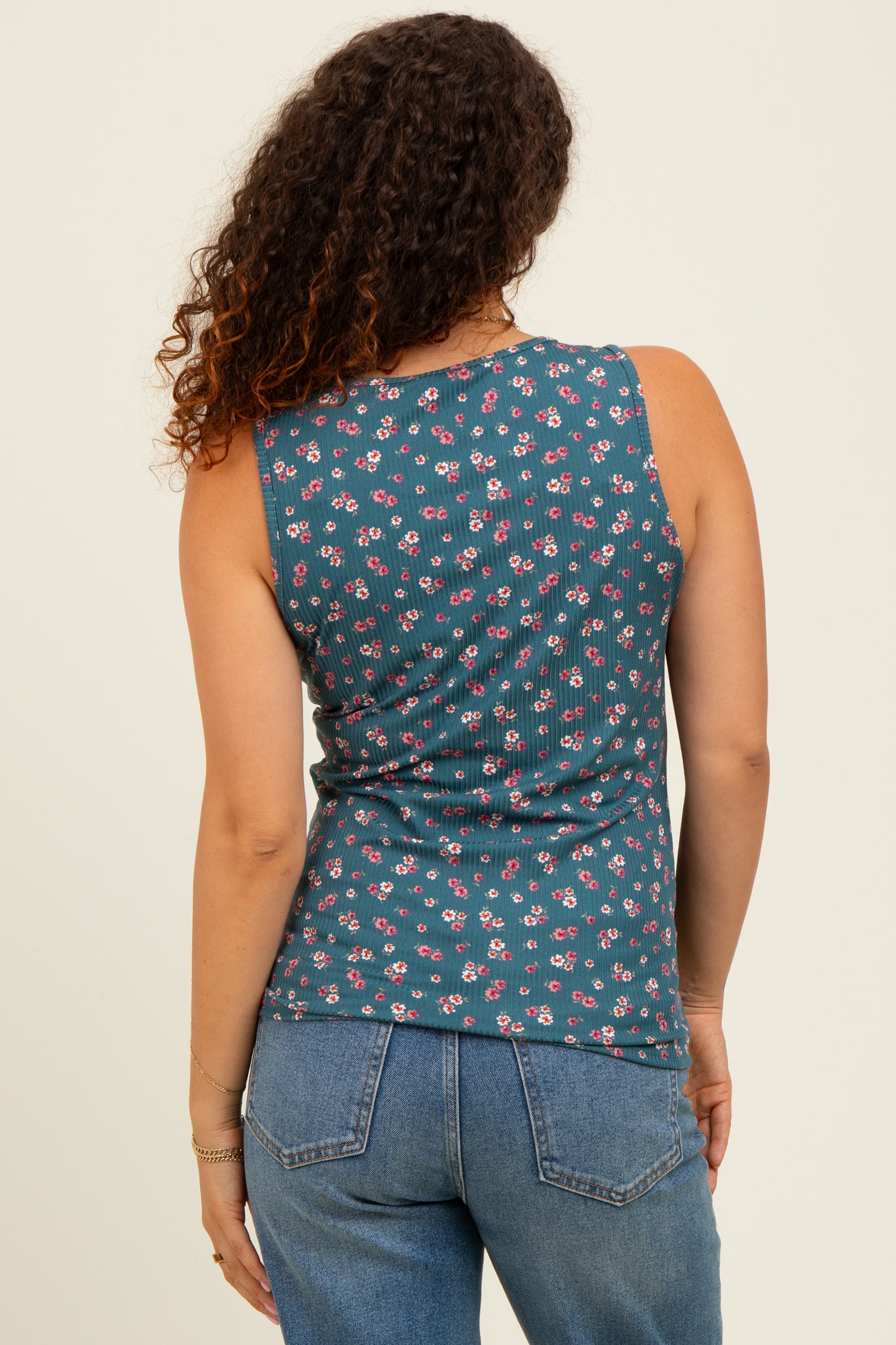 Teal Floral Ribbed Split Neck Maternity Tank Top