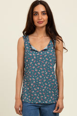 Teal Floral Ribbed Split Neck Maternity Tank Top