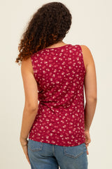 Burgundy Floral Ribbed Split Neck Maternity Tank Top