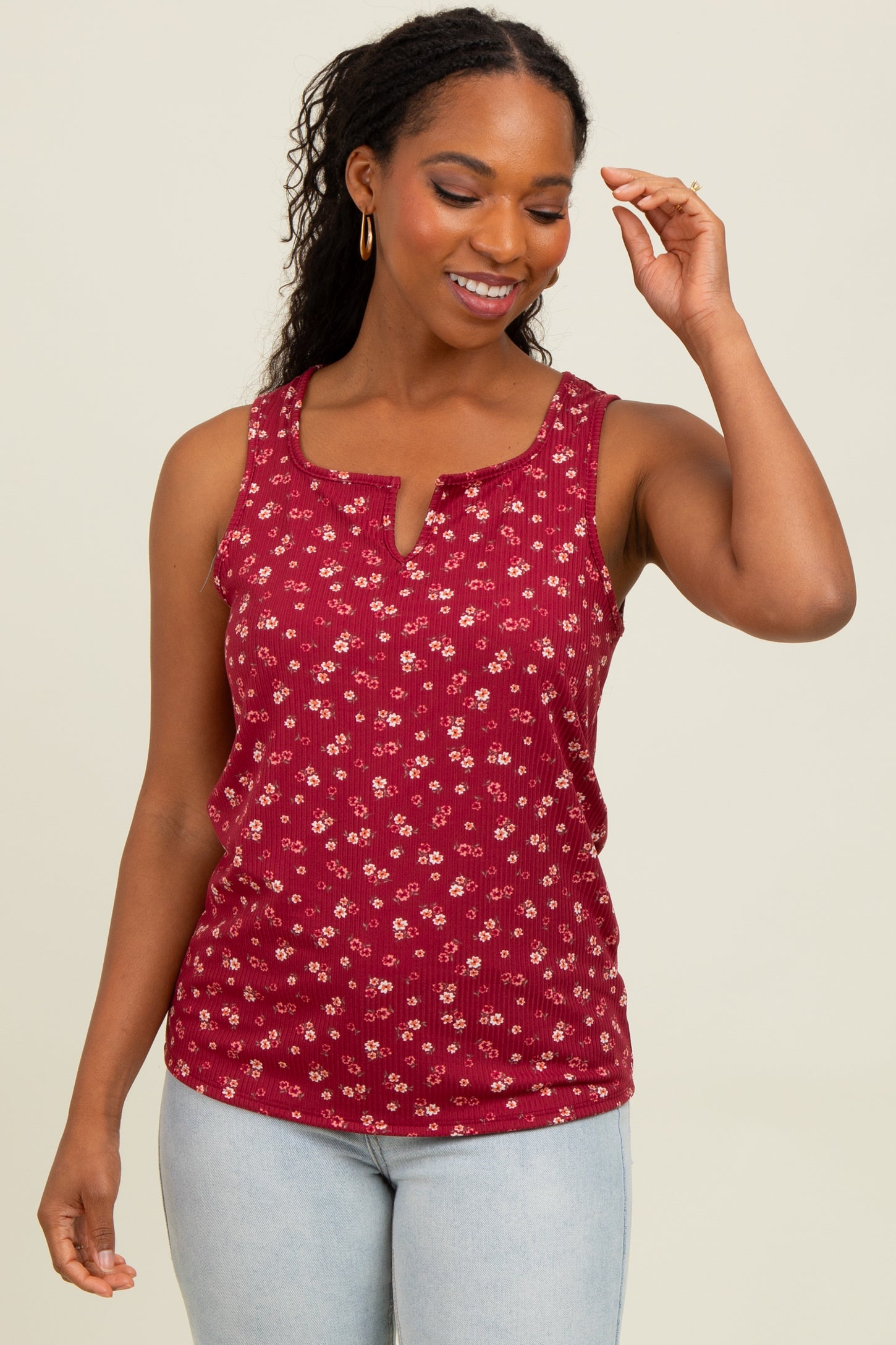 Burgundy Floral Ribbed Split Neck Maternity Tank Top