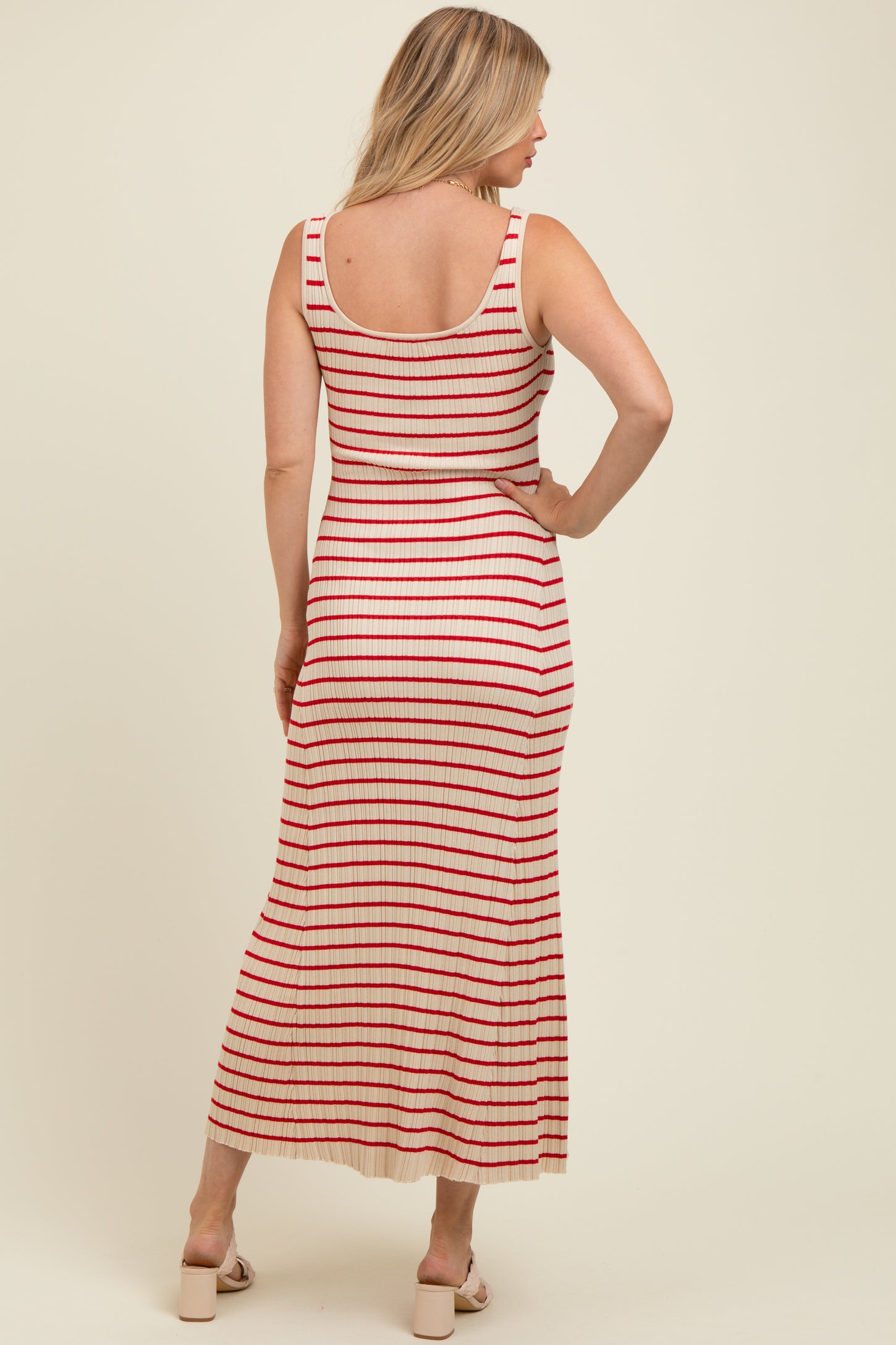 Red Striped Ribbed Sleeveless Maternity Maxi Dress