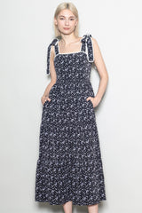Black Floral Lace Trim Shoulder Tie Maternity Maxi Dress