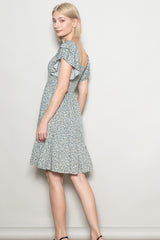 Light Olive Floral Smocked Flutter Sleeve Dress