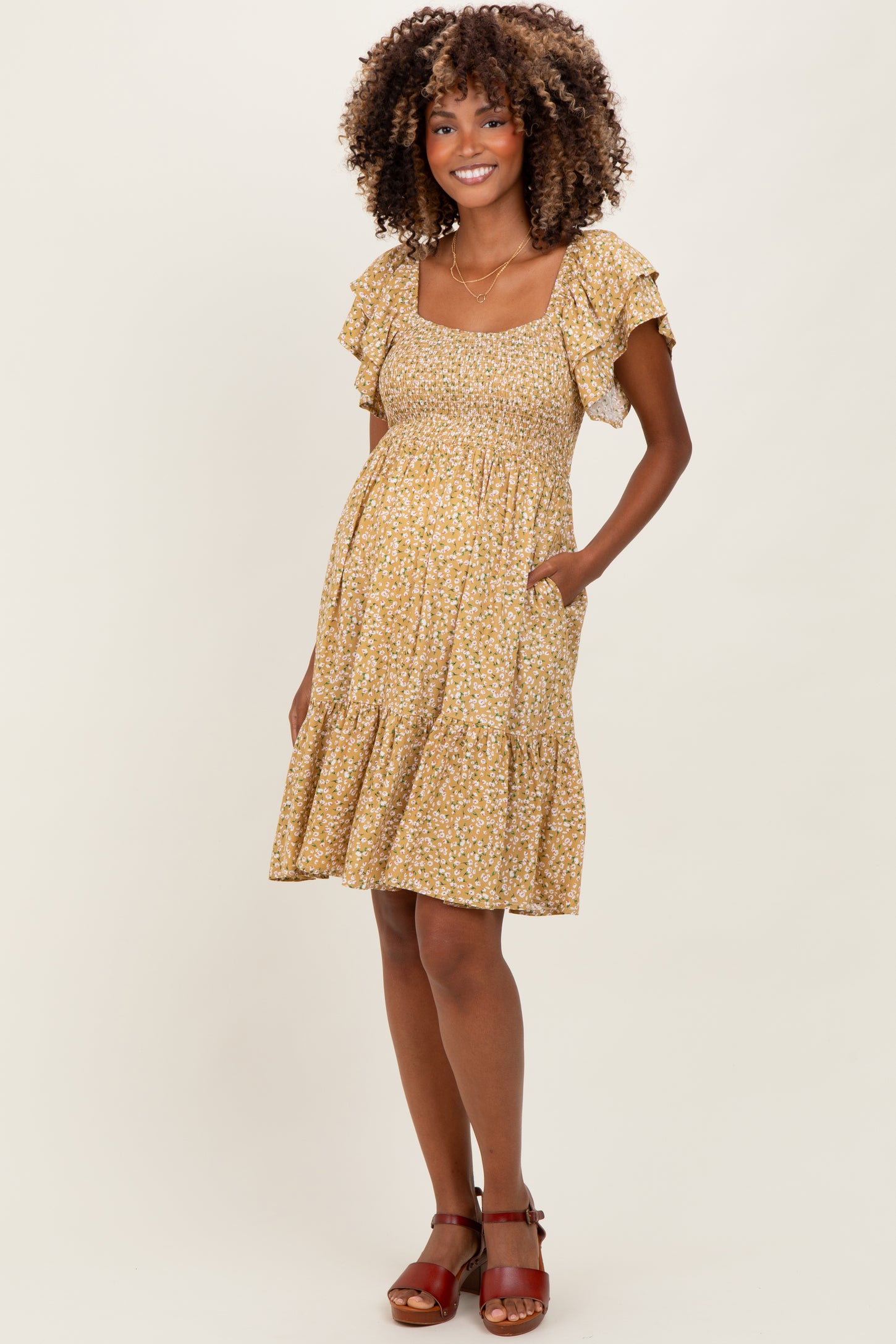 Yellow Floral Smocked Flutter Sleeve Maternity Dress