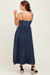 Navy Crinkle Texture V-Neck Sleeveless Dress