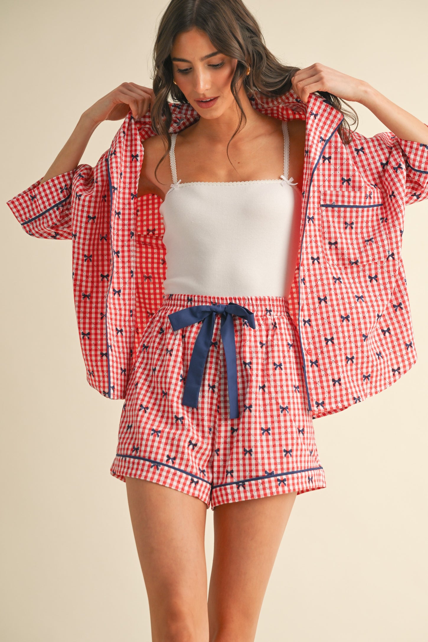 Red Bow Print Gingham Pajama Short Set