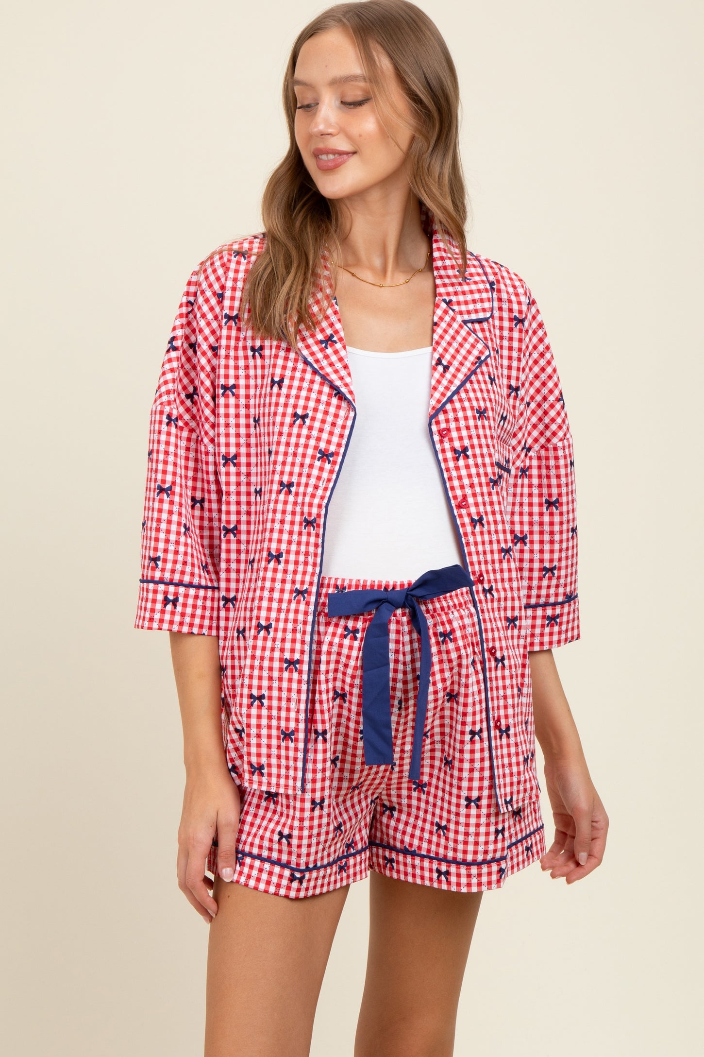 Red Bow Print Gingham Pajama Short Maternity Set