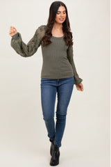 Olive Floral Lace Balloon Sleeve Top