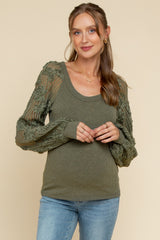 Olive Floral Lace Balloon Sleeve Maternity Top