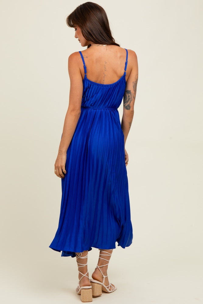 Royal Blue Pleated Sash Tie Midi Dress