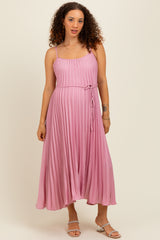 Pink Pleated Sash Tie Maternity Midi Dress
